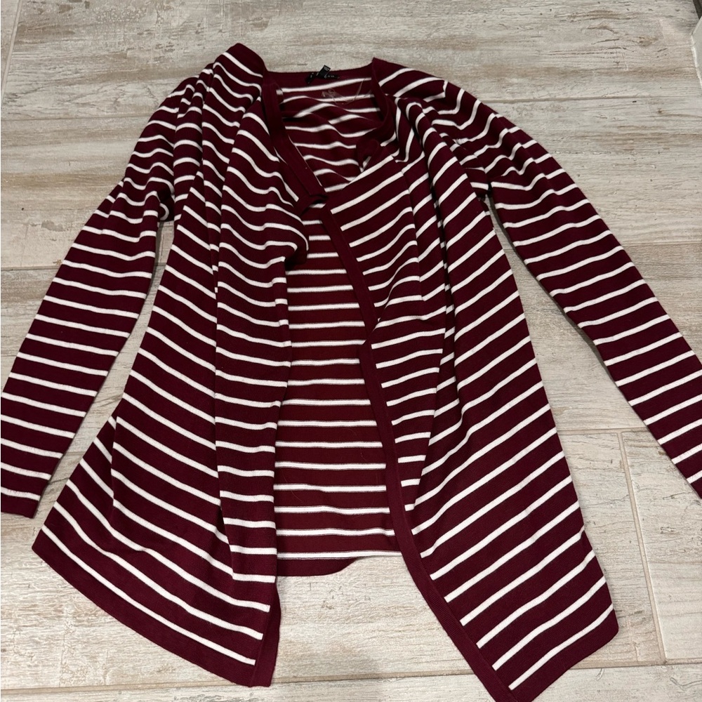 Staccato Burgundy and White Striped Open Front Waterfall Cardigan Size S